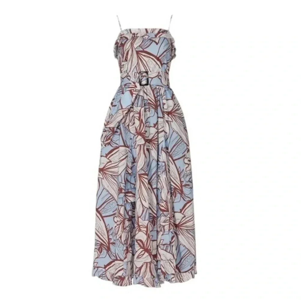 NICHOLAS Julie Cotton Floral Midi Dress Ruffle Detail and Pockets Blue Size 2